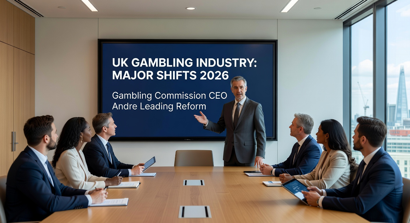 Infographic depicting UK Gambling Commission leadership change alongside tax rate chart climbing to 40% and black market growth