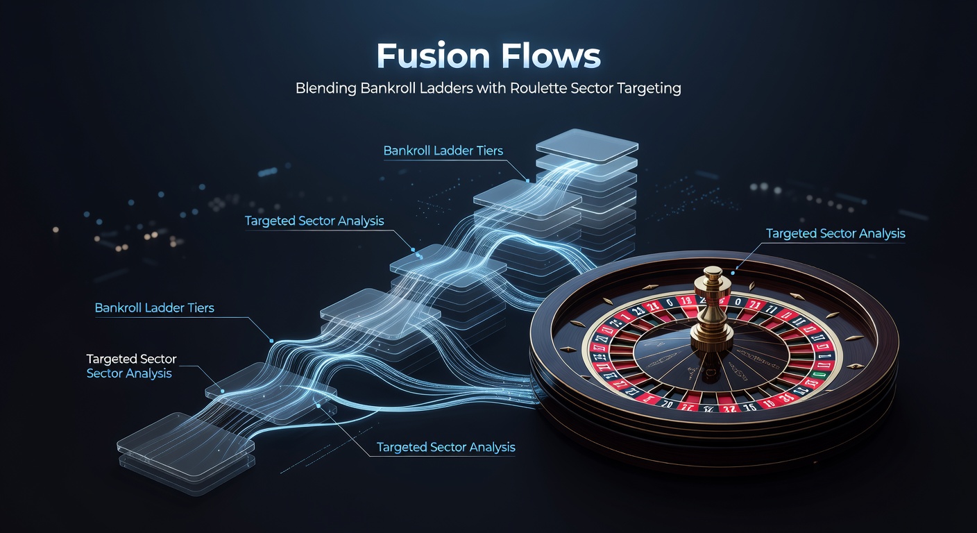 Diagram depicting fusion flow progression: bankroll ladder steps aligned with roulette sectors like voisins and tiers, with arrows showing bet escalations and resets