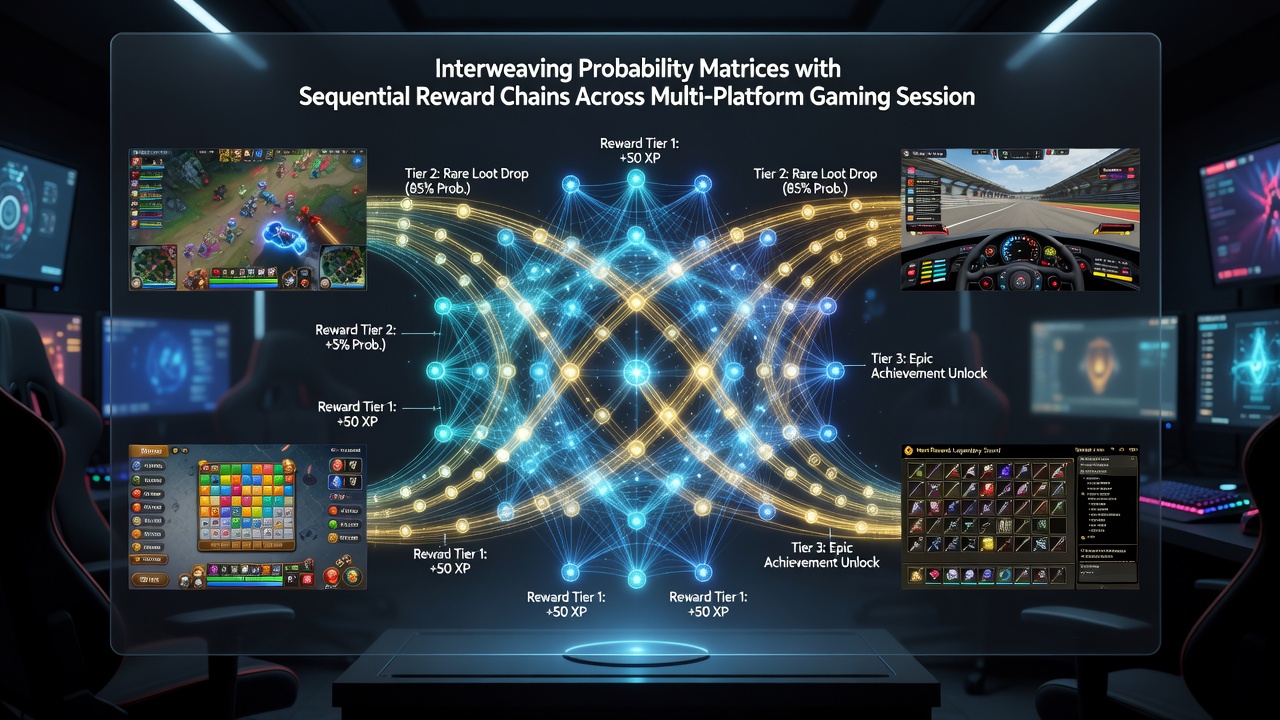 Diagram showing data flows between mobile, desktop, and console platforms with overlaid probability matrices and reward chain connections