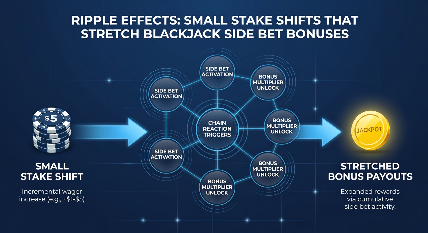 Close-up of blackjack chips in varying stack heights next to side bet circles, with animated ripple waves extending outward to bonus icons
