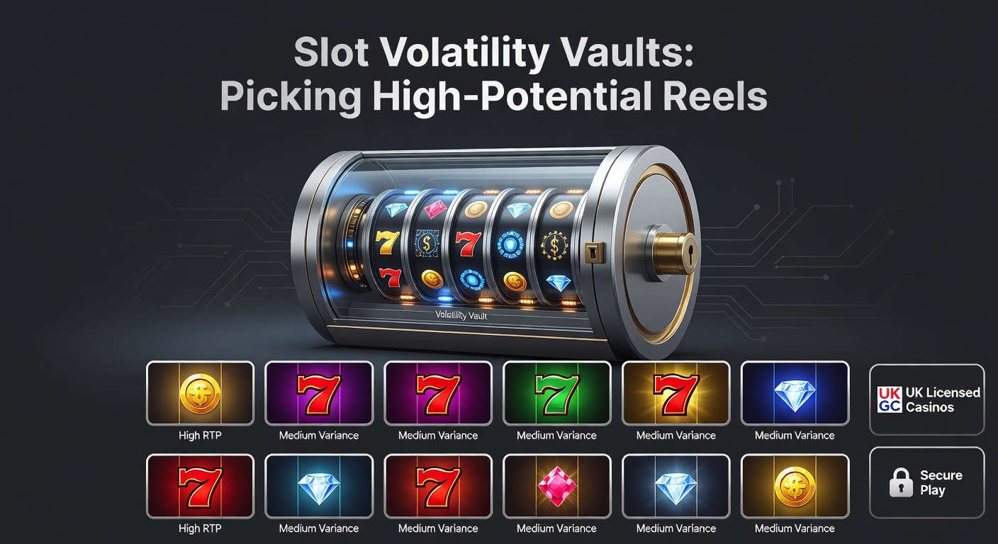 Close-up of a slot game's paytable highlighting high-volatility bonus features like vault symbols and massive multipliers, with glowing reels in the background