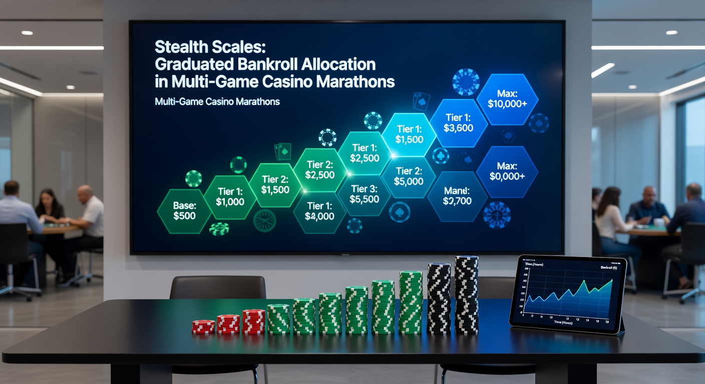 Diagram illustrating stealth scale progression from base to peak allocations during a multi-game casino marathon