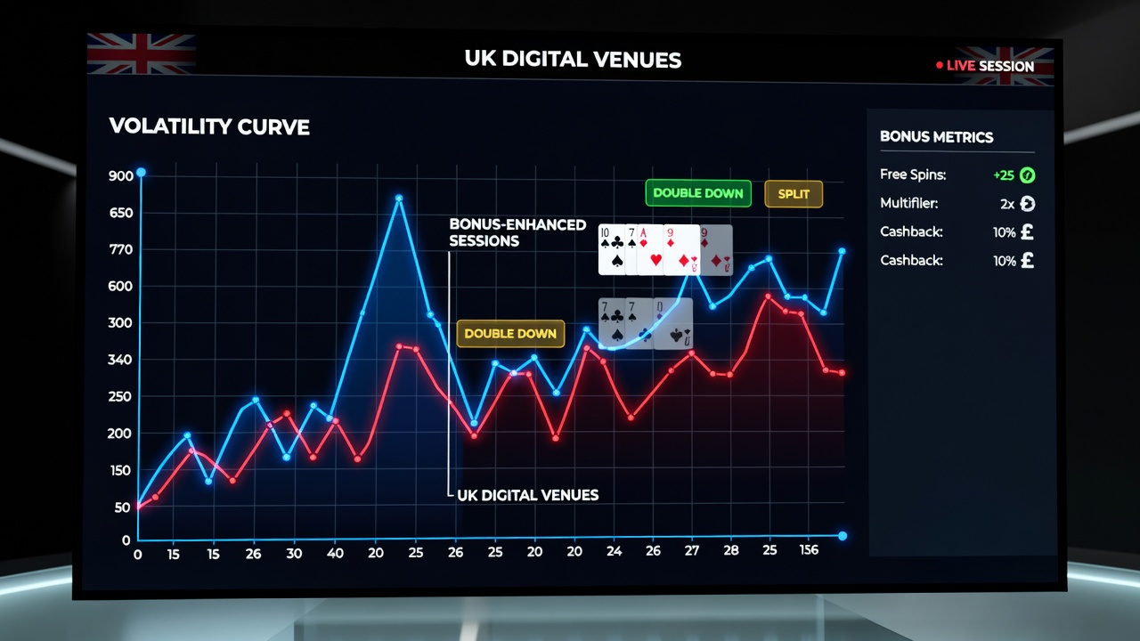 Digital screen displaying real-time volatility tracking during a live blackjack session with bonus indicators